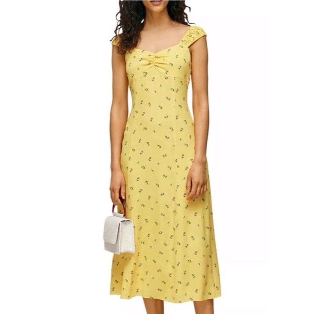 Whistles Yellow Floral Ruched Bust Midi Dress Ruffle Sleeve US 6 UK 10 peasant